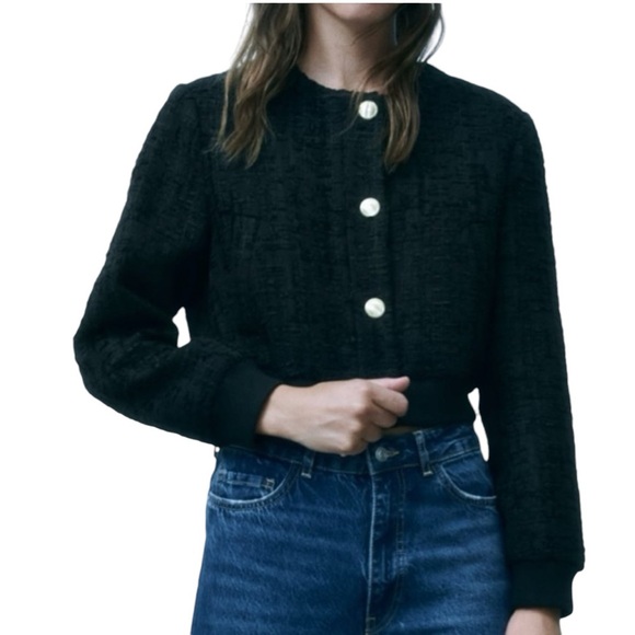Zara Tweed Bomber Jacket Black - Picture 1 of 6